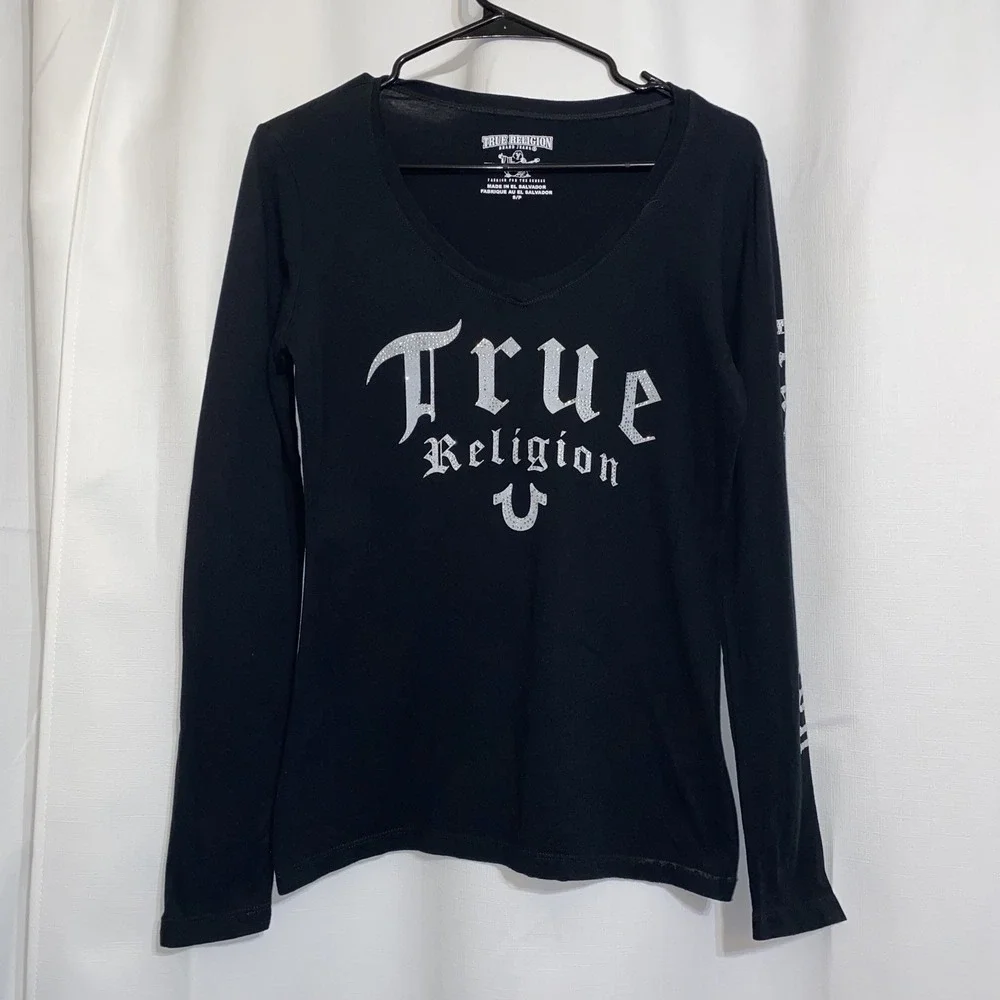 Vintage True Religion Black Long Sleeve Shirt Womens Small Rhinestones Y2K